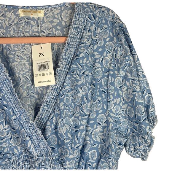 Seven Islands Floral Short sleeved blouse blue and white 2x - Picture 7 of 12